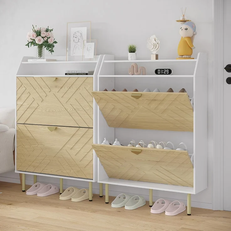 GarveeHome Schmaler Schuhschrank Mit 2 Klappen, Schlanker Freistehender Schuhschrank Für Den Eingangsbereich,Mit Kippschutz-Set, Verdecktes Schuhfach Mit Einlegeboden – Bild 4