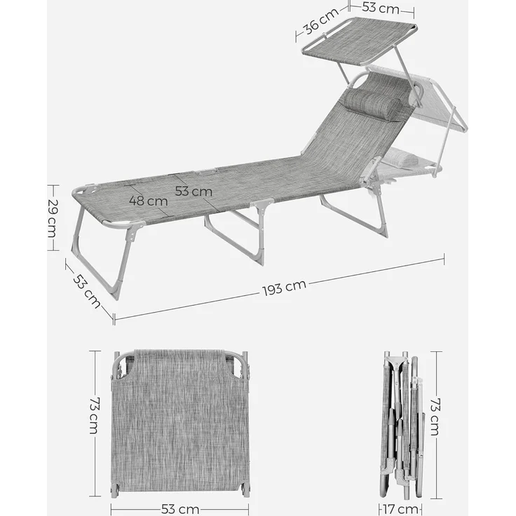 Songmics 'GCB19T' Sonnenliege, klappbarer Liegestuhl, max. Belastbarkeit 150 kg, mit Sonnenschutz, Kopfstütze und verstellbarer Rückenlehne, grau, 193 x 53 x 29 cm – Bild 5