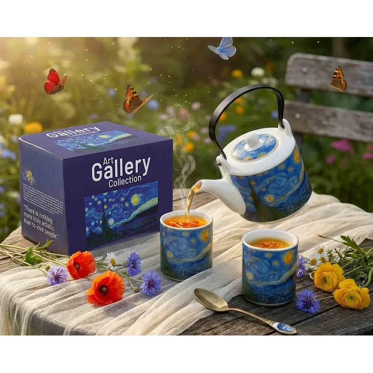 DUO ART GALLERY Teekanne 600 ml mit 2 Bechern STARRY NIGHT inspired by Van Gogh, New Bone China Porzellan – Bild 6