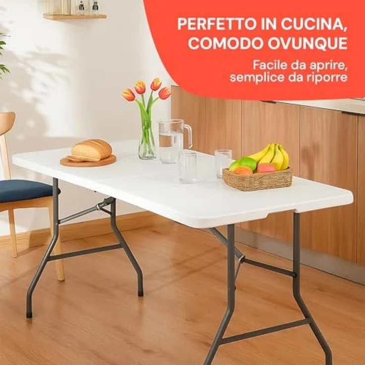Avilia - Klappbarer Esstisch, platzsparend, für Küche und Wohnzimmer, zusammenklappbar und tragbar, mit Sicherheitsverriegelung, Oberfläche aus HDPE für 6 Personen, 180 x 70 x 74 cm, Weiß – Bild 5