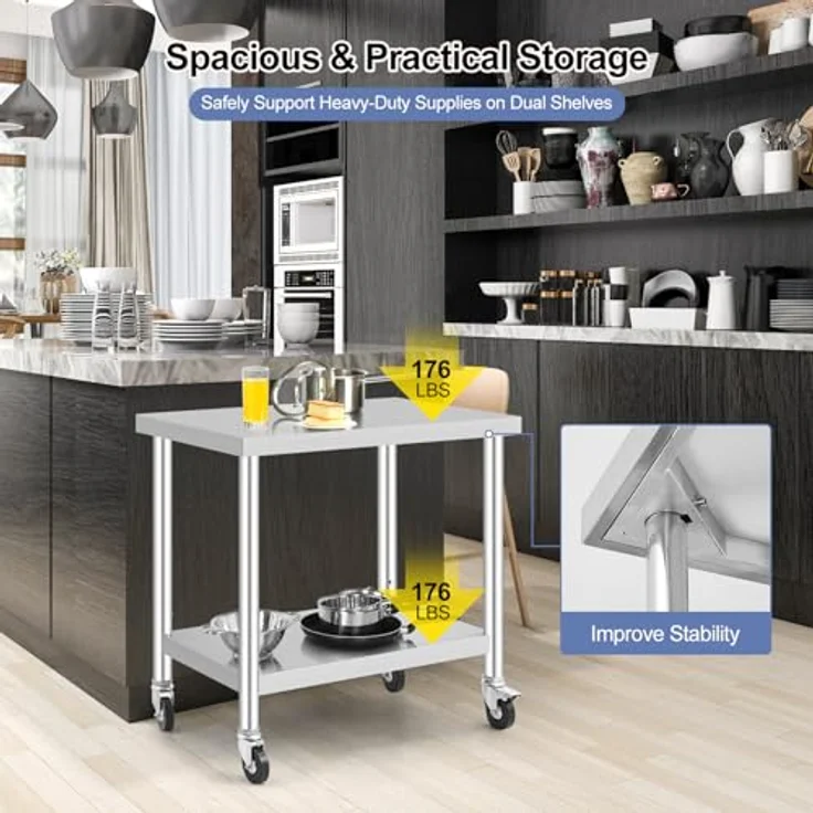 GarveeHome Arbeitstisch aus Edelstahl für Lebensmittelzubereitung, höhenverstellbar mit 3 Stufen, 4 Lenkrollen (2 gebremst), Maße 91x60 cm, ideal für gewerbliche Küchen, Restaurants & Catering – Bild 7