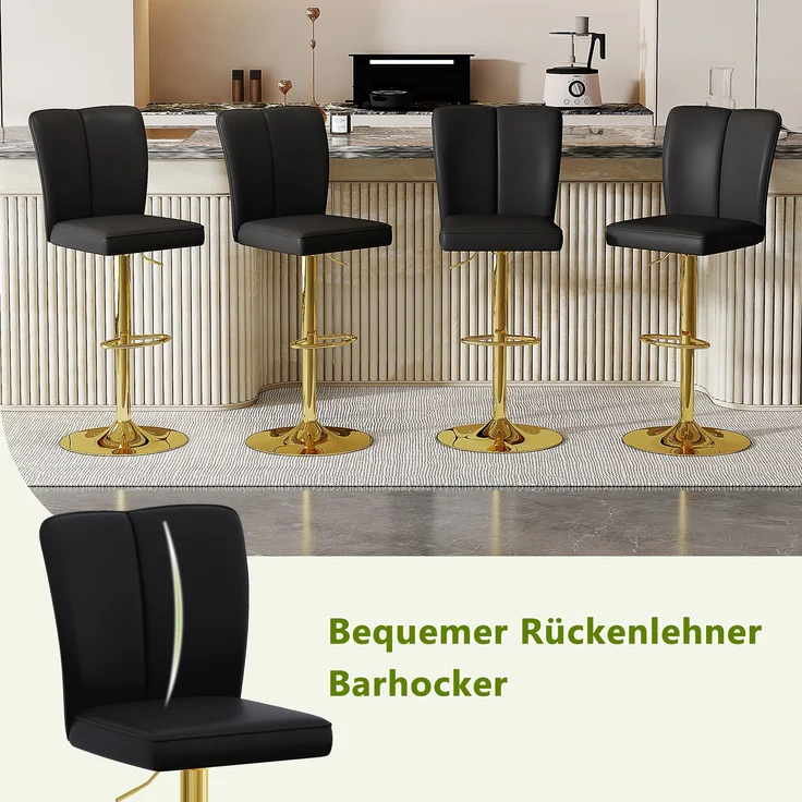 Höhenverstellbarer Barhocker im 2er-Set, 360° drehbar, Luxuriöser Barhocker im Schwarz-Gold-Design aus wasserabweisendem PU-Leder, geeignet für Kücheninseln, Verschiedene Farben erhältlich.--Schwarz + Gold--44.5x44x37cm--YOUDENOVA – Bild 6
