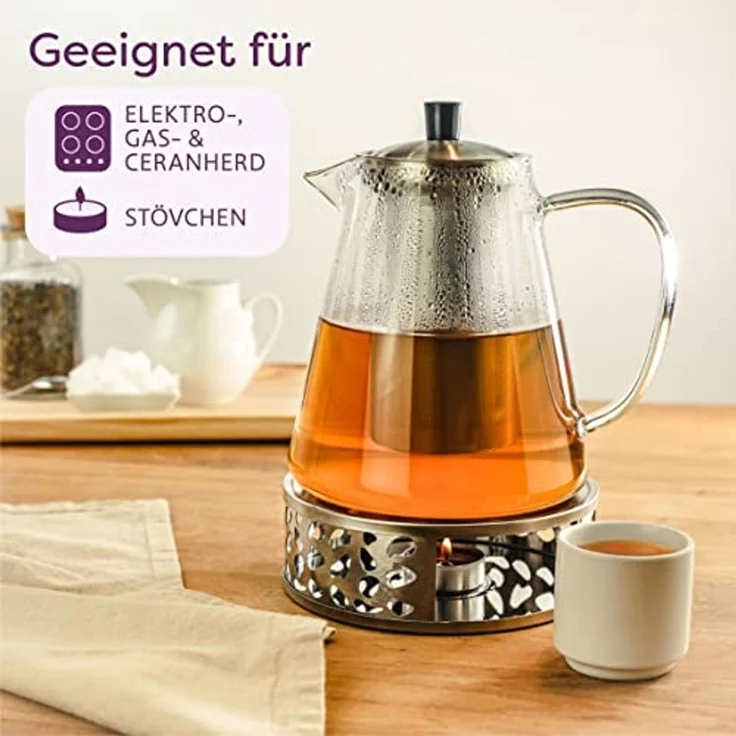 Cosumy Teekanne Teekanne Glas mit Edelstahl Siebeinsatz 1,3 L - Mit Untersetzer, 1300 l, (Set, Teekanne mit Siebeinsatz und Untersetzer), mit Siebeinsatz inkl. Untersetzer - Spülmaschinenfest - Hitzebeständig – Bild 6
