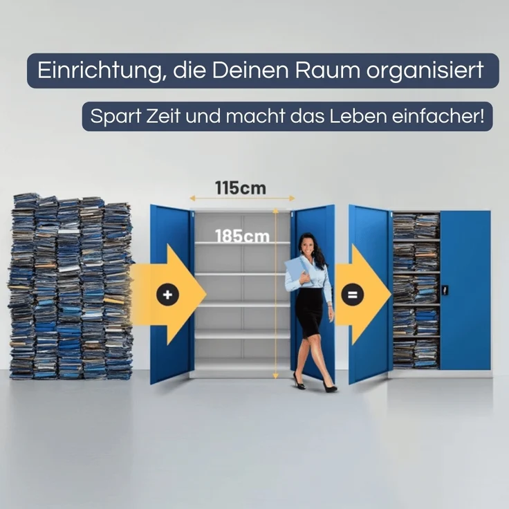 Aktenschrank abschließbar KADO - 5 Ebenen verstellbar, Flügeltüren | Metallschrank Werkstatt Mehrzweckschrank Büroschrank aus Stahl Werkzeugschrank, 185x115x40cm Grau-Blau – Bild 3
