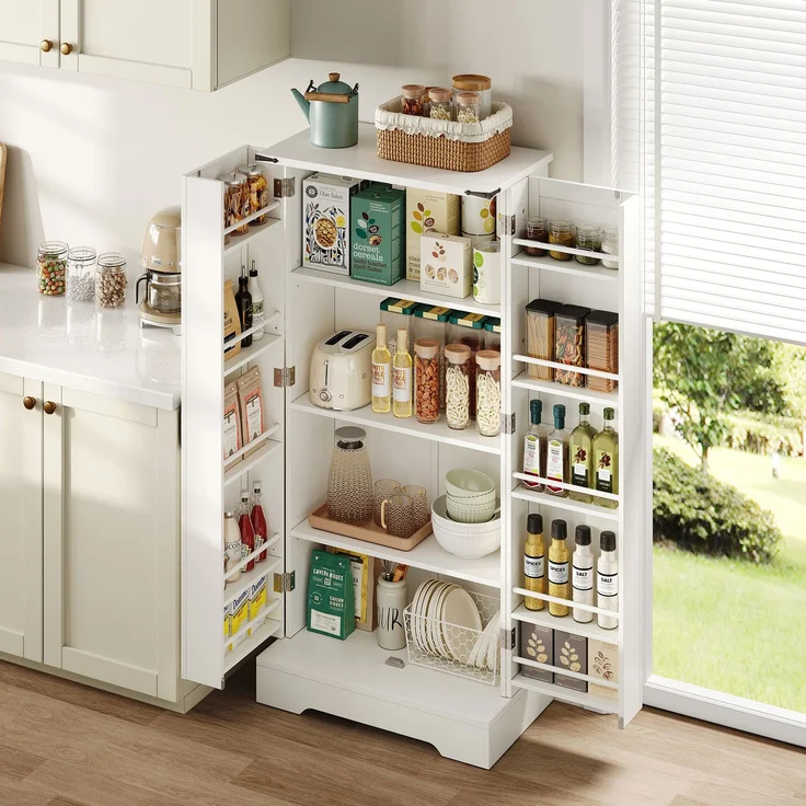 EINHOM 128, 5 cm großer Küchenschrank, Bauernhaus-Aufbewahrungsschrank – LED-Speiseschrank mit 2 Flügeltüren und verstellbaren Regalen für kleine Räume im Esszimmer oder Wohnzimmer, Weiße Tiefdruckstruktur – Bild 3