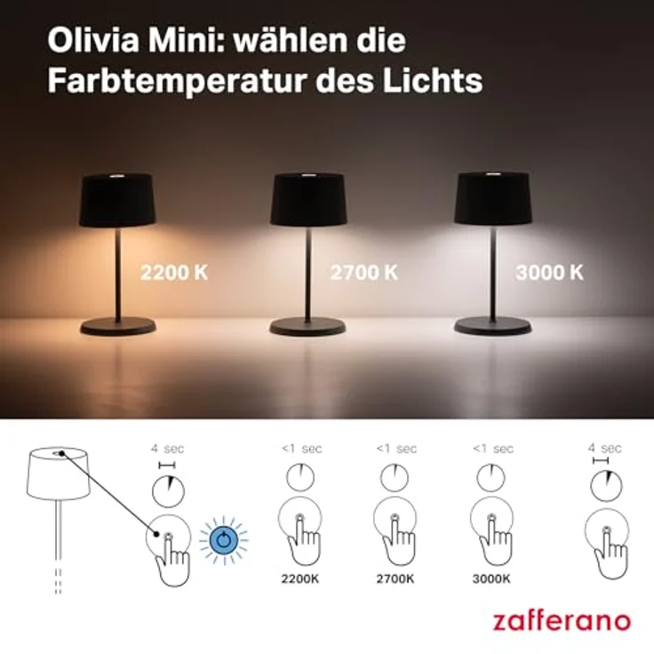 Zafferano, Olivia Mini Lampe, Tragbare und Wiederaufladbare Tischlampe mit Touch Control, Geeignet für Wohnzimmer und Außenbereich, Dimmer, 2200-3000 K, Höhe 22 cm, Farbe Dunkelgrau – Bild 7