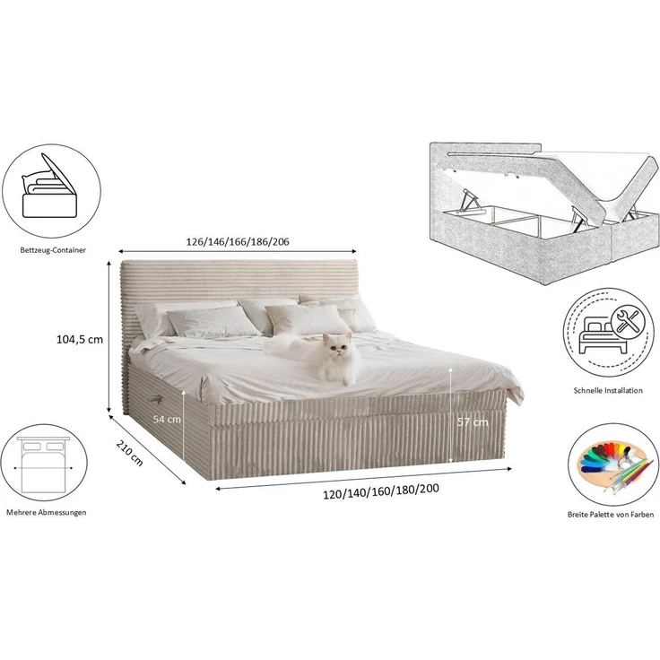 Kaiser Möbel Boxspringbett mit bettkasten und topper TRENTO, ohne Bein stoff Plüsch Cord, Matratze und Topper, Mehrere Größen, Viele Farben, Bettkasten – Bild 2