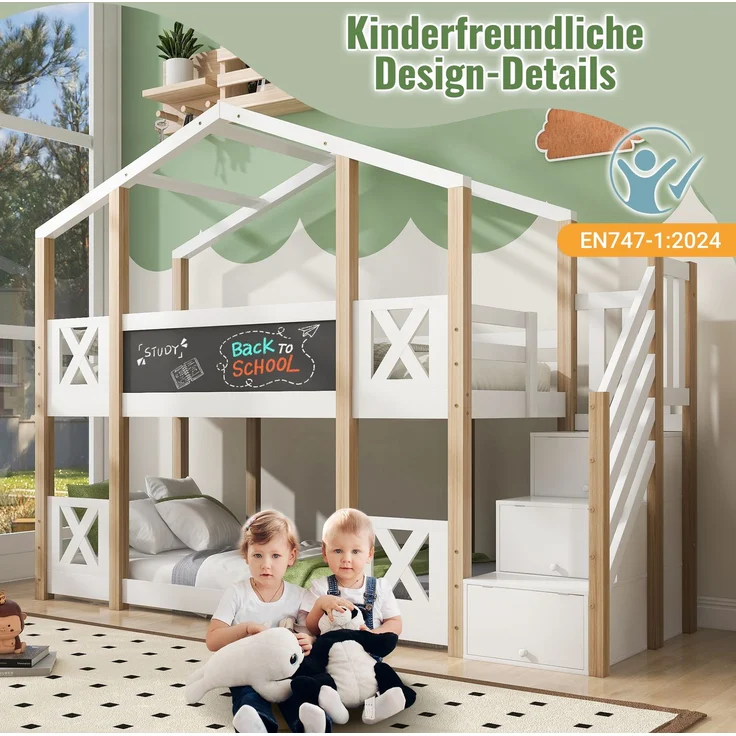 Etagenbett 90 x 200 cm,Kinderbett Baumhaus mit Treppe Stauraum und Rausfallschutz, Hochbett für Kinder– 2x Lattenrost- Natur & Weiß – Bild 5