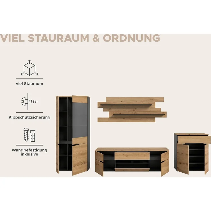 Wohnkombination (B/H/T: 280x190x44 cm) in Artisan Nachbildung – Bild 9