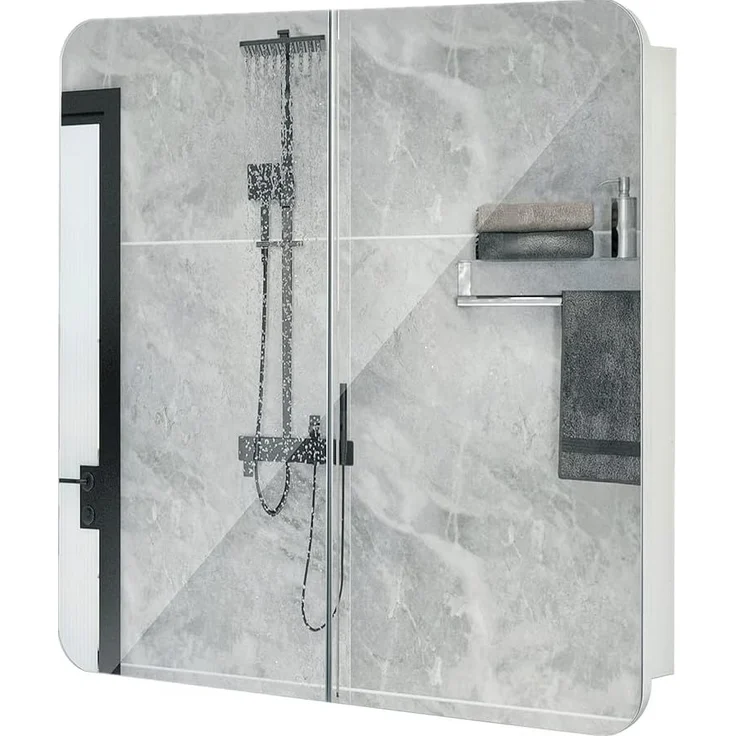Meerveil Spiegelschrank, Badezimmerspiegel mit 2 Türen 5 Einlegeböden Holz Moderner Stil, 68 x 13 x 66 cm F1015BC12WT Weiß - Bogen – Bild 1