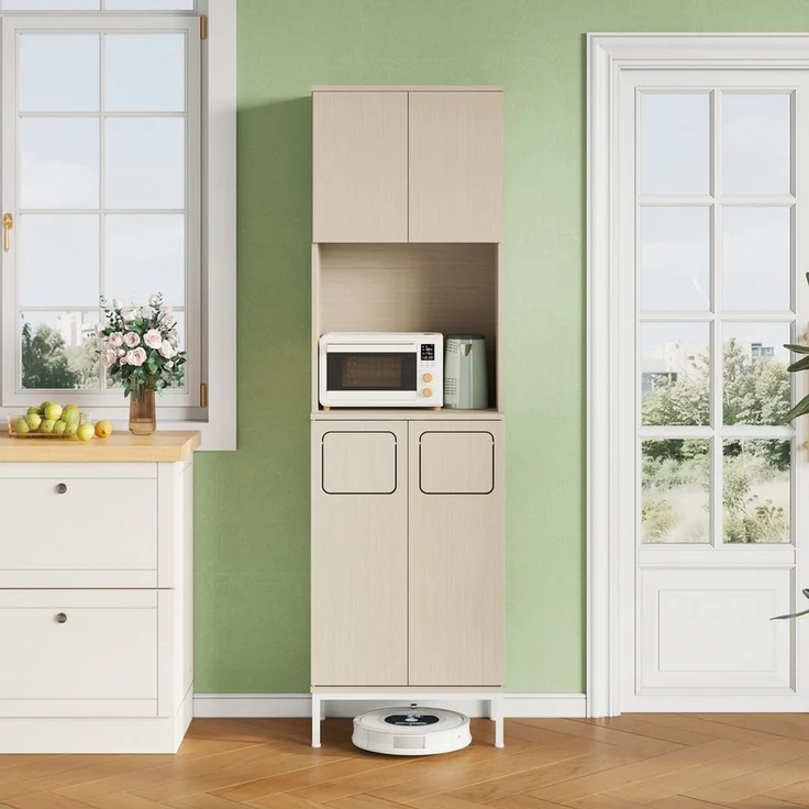 MODFU Küchenbuffet Integriertes Mikrowellenfach & Mülltrennung, verstellbare Böden (Packung, 1-St, 181 cm hoher Müllsammelschrank in Weiß/Holzoptik, 53x35 cm) Vielseitiger Vorratsschrank für Haushaltsgeräte & Abfallsysteme – Bild 2