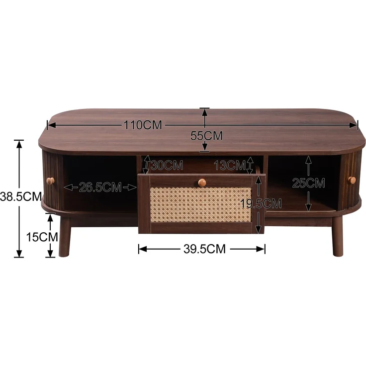 Merax Couchtisch - Rattan-Kaffeetisch, Schubladen mit Rattan und Schiebetüren mit Massivholzlatten, Massivholzbeine, braun – Bild 7