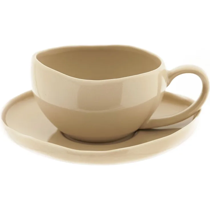 Wave Biscuit Kaffeetassen mit Untertellern - 12-teiliges-Set in Beige, 215 ml