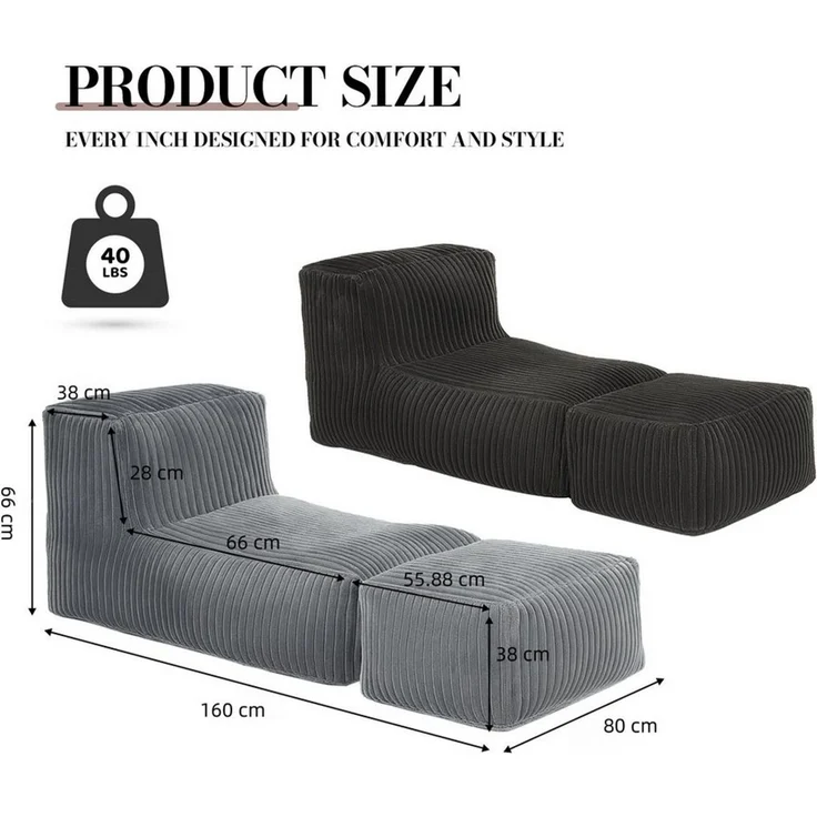 ANYSUN Sitzsack Cord Sitzsack mit Hocker,Großer Sitzsack,Lounge-Sessel für Erwachsene (Boden-Loungesessel, abnehmbarer & waschbarer Bezug,ergonomisch), Sitzsack,klappbare Ottomane-für Wohnzimmer, Schlafzimmer oder Balkon – Bild 3