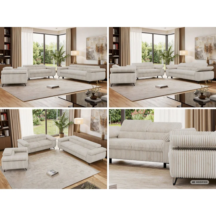 Sofagarnitur PETER 1-2-3 mit Schlaffunktion, verstellbare Kopfstützen, verstellbare Armlehnen, freistehend, Wellenfederung, Polstermöbel-Set, 3-teilig, Couchgarnitur - Beige Cord – Bild 2
