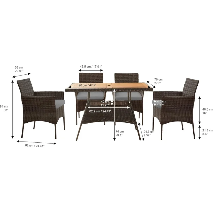 Teamson Home 5-teiliges Gartenmöbel-Set für den Außenbereich, Rattan-Gartentisch & 4 Stühle mit abnehmbaren Kissen, wetterbeständig, Braun/Creme – Bild 3