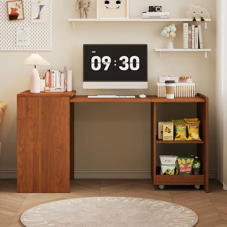 Flieks Klapptisch 126 x 55 x 75 cm, 2-in-1 Schreibtisch und Schrank mit 4 Fächern und Rollen, Nussbaumoptik – Bild 7
