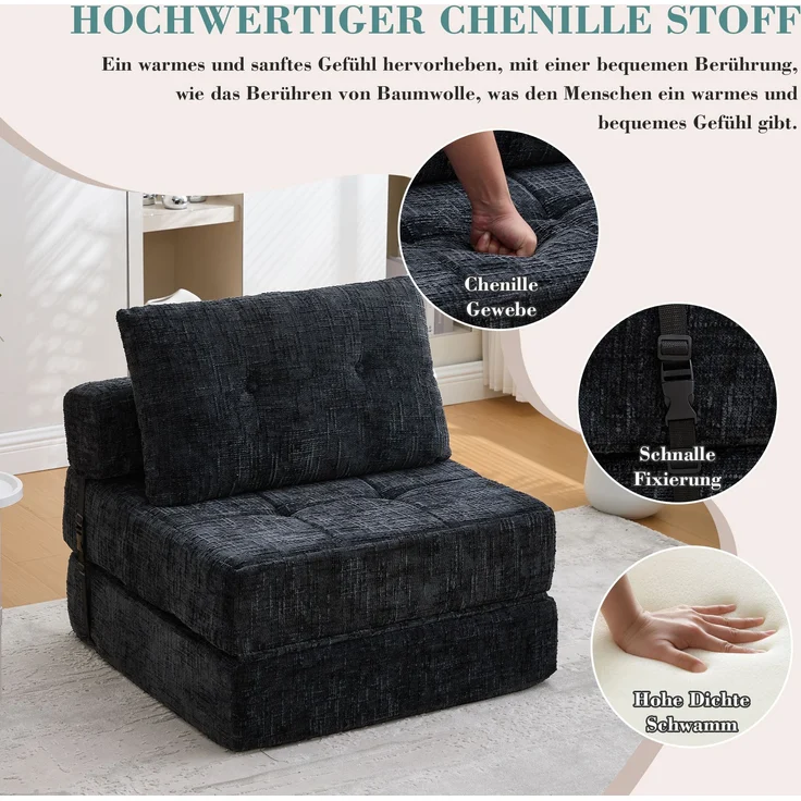 Klappbares Schlafsofa Chenille Schwarz, 79x79x57 cm (aufgeklappt 79x180 cm) – Bild 6