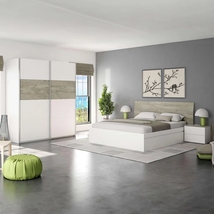 Habitdesign, Kleiderschrank– Schwebetürenschrank mit 2 Schiebetüren für Schlafzimmer, viel Stauraum in Arkit weiß und Alaska-Eiche, Maße: 180 x 200 x 60 cm (B x H x T), Modell Aikos – Bild 4