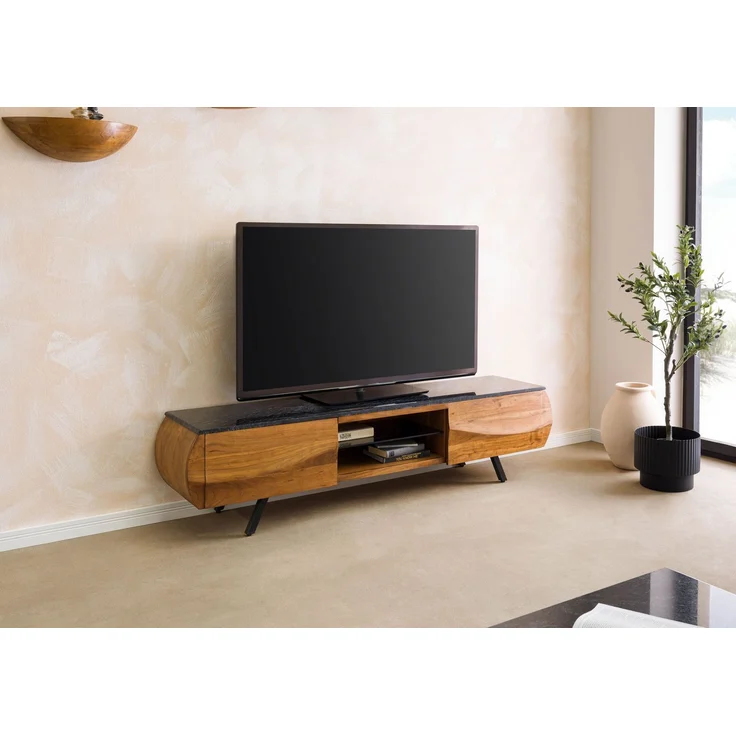 TV-Board Akazie 184x40x45 natur lackiert / Marmor schwarz MONTREAL #121 – Bild 4