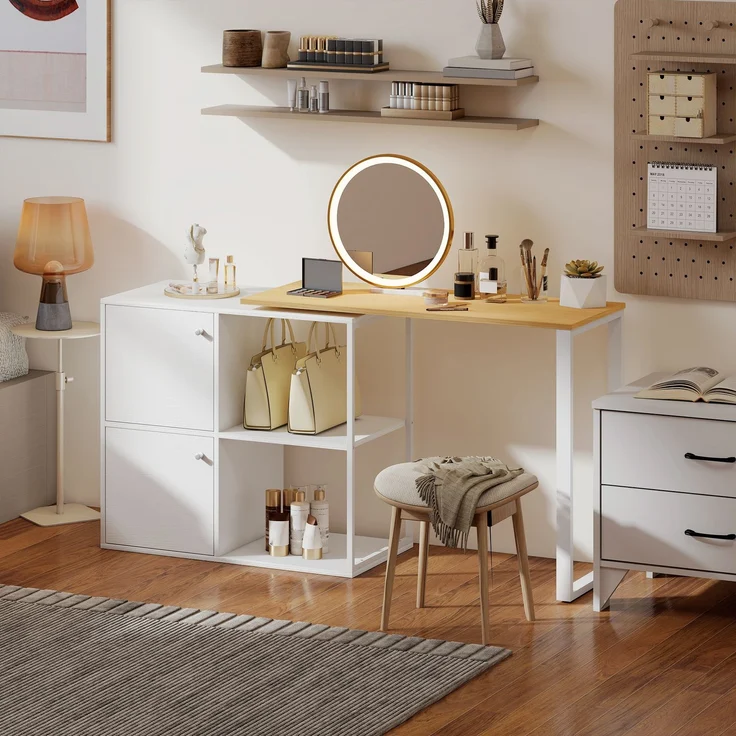 Schreibtisch L-förmig, 360° drehbarer Eckschreibtisch mit 2 Lagerschränken, 2 offenen Regalen, Computertisch für kleine Räume, Arbeitszimmer, Wohnzimmer, 150x40x75 cm, Weiß--Weiß--75x40x150cm--YOUDENOVA – Bild 10