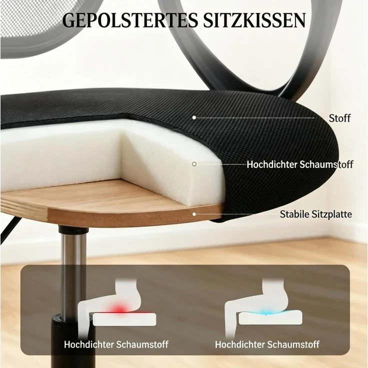 Bürostuhl mit Netzrücken, Fußring & höhenverstellbarem Sitz, 59x58x103-123 cm, Schwarz – Bild 8
