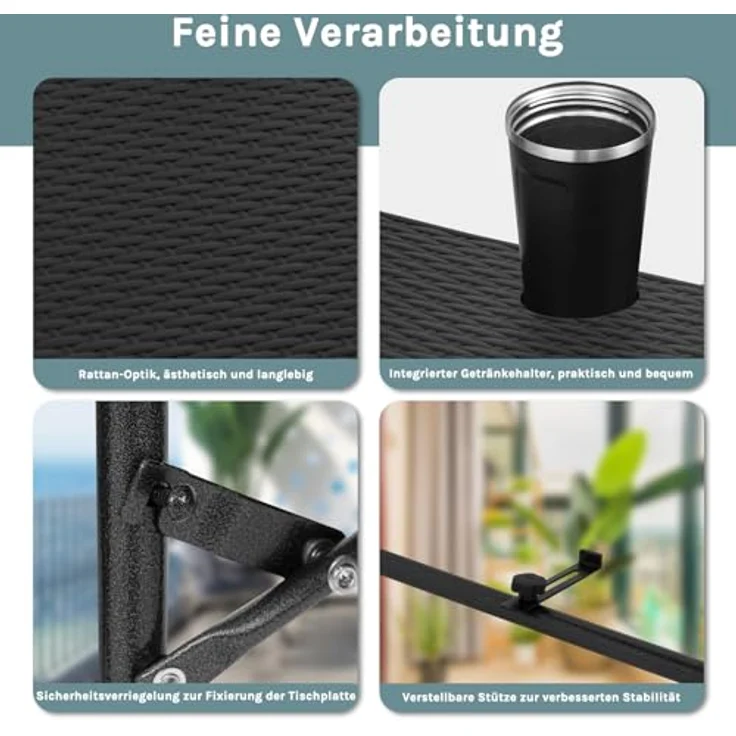 WOLTU Balkonhängetisch, Balkontisch zum Hängen, Hängetisch klappbar Beistelltisch Gartentisch, Klapptisch mit 3 Höhen, 2 Tassenhalterungen, in Rattan-Optik, 59,5x39 cm Schwarz – Bild 5