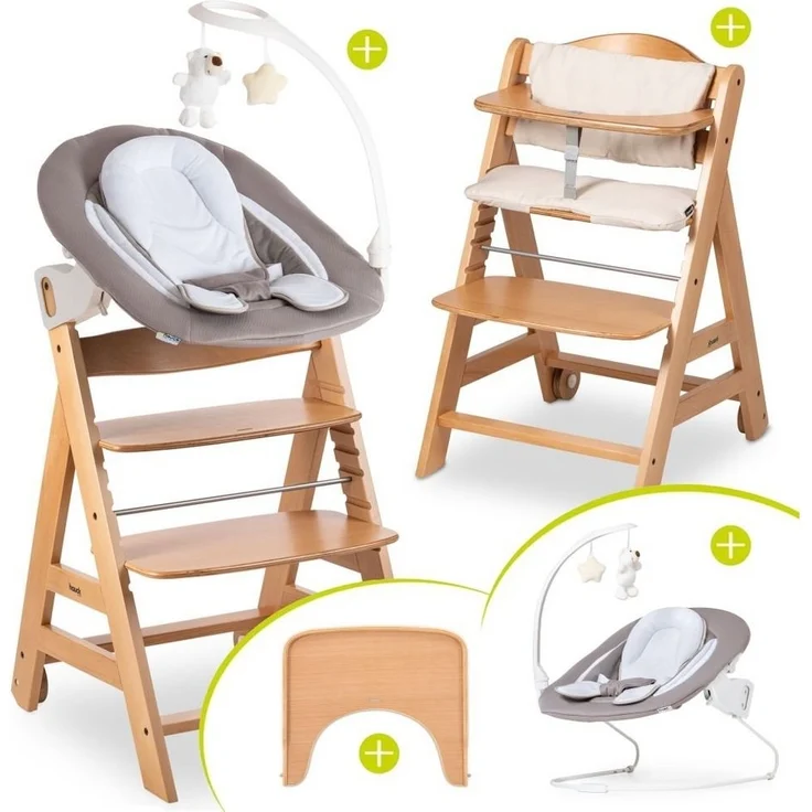 Hauck Hochstuhl Beta Plus Natur - Newborn Set Deluxe, Holz Babystuhl ab Geburt, Aufsatz für Neugeborene, Sitzkissen, Tisch – Bild 1