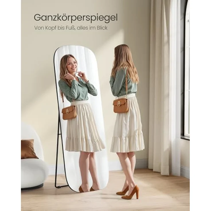 SONGMICS Ganzkörperspiegel, 160 x 50 cm, Standspiegel mit runden Ecken, Rahmen aus Aluminiumlegierung, Hartglas, für Schlafzimmer, Wohnzimmer, Garderobe, tintenschwarz LFMDE029B01 – Bild 3