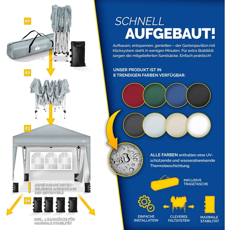 tillvex Pavillon 3x3m Grau wasserdicht mit 2 Seitenteilen + 4er Set Sandsäcke | Pop-Up Faltpavillon stabil & höhenverstellbar | Gartenzelt UV Schutz 50+ | Partyzelt mit Tasche für Garten – Bild 9