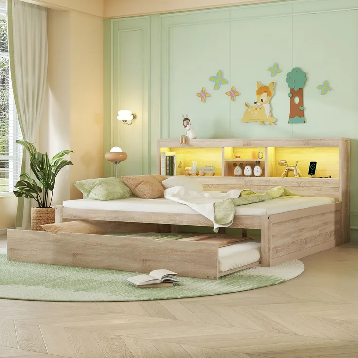 Bett Ausziehbett 140x200 cm, Spanplatte & MDF, mit Ambiente-LED, Steckdose & USB, seitlichem Staufach, Natur