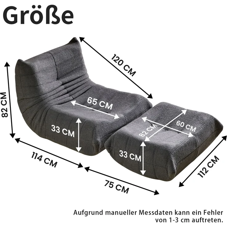 Loungesofa aus Teddy-Vlies mit hochdichter Schaumstoff-Polsterung, ergonomisch, 105x90x72 cm, Grau – Bild 10