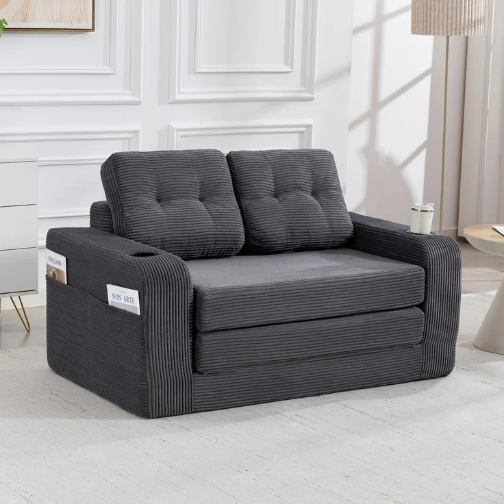 LVHOM 2-Sitzer Sofa aus Cordstoff – Montagefrei, Multifunktionales Schlafsofa mit Getränkehaltern und Seitentaschen, klappbares Gästebett, Grau – Bild 3