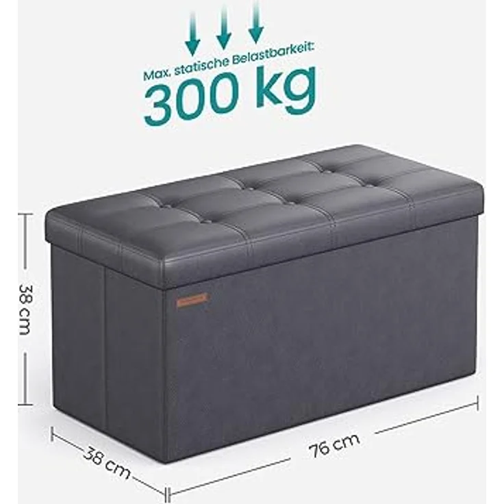Songmics 76 cm Sitzbank mit Stauraum, Sitztruhe, Aufbewahrungsbox, Fußhocker, faltbar, gepolstert, Bezug aus Kunstleder, bis 300 kg belastbar, dunkelgrau LSF040G01 – Bild 4