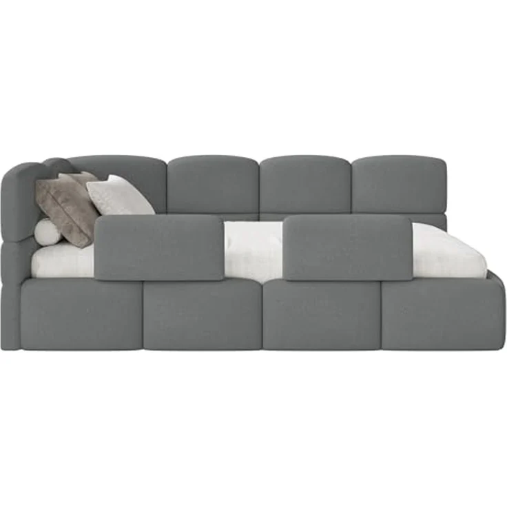Selsey 'Cloudy' Kinderbett 120 cm, Bettkasten, 2x Rausfallschutz, Chenille, links, Dunkelgrau – Bild 6