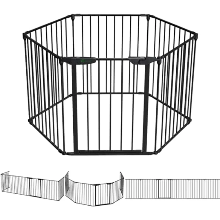 VOUNOT Kaminschutzgitter Freistehend mit Tür, 375cm inkl. 6 Elementen, Ofenschutzgitter Metall für Kinder, Kamingitter Ofengitter Kinderschutz, Laufgitter Laufstall Absperrgitter Baby, Schwarz – Bild 2