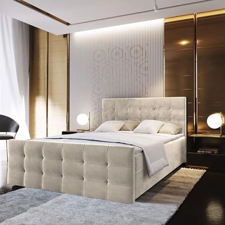 MASSENO Kontinentalbett Amon, Boxspringbett mit großem Bettkasten, ergonomischem Schlafkomfort und Topper, Beige, 160x200 cm – Bild 3