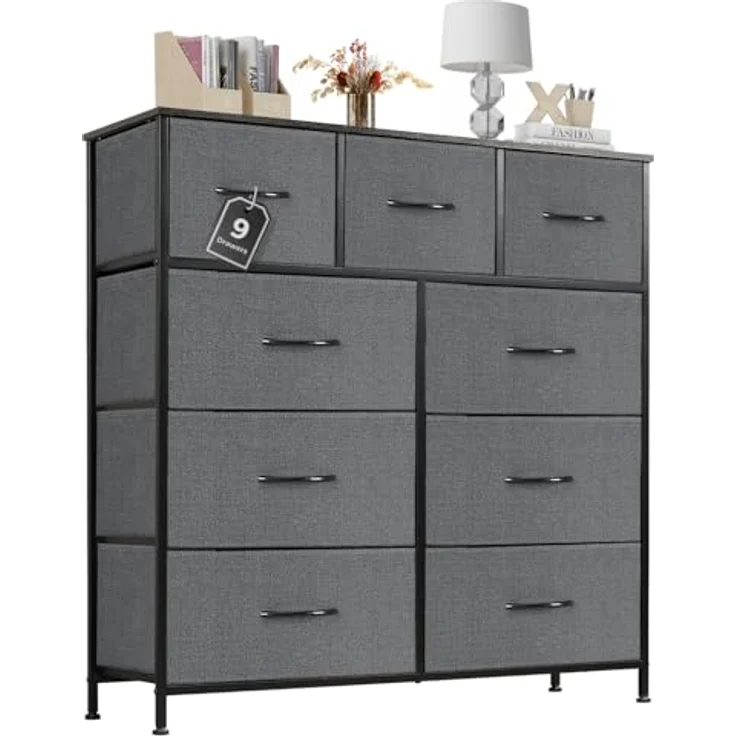 Sweetrcrispy Sweetcrispy Kommode für Schlafzimmer mit 9 Stoffschubladen, Grau, Standatd – Bild 2
