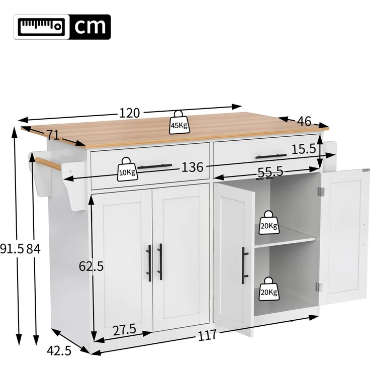 Servierwagen mit klappbarer Tischplatte, 120x46/70x91,5 cm, Weiß/Natur, mit Rollen & Stauraum – Bild 4