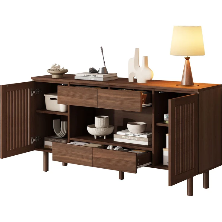 ZUBALIYA Sideboard 140x35x71 cm, mit 4 Schubladen, aus MDF, Walnuss – Bild 7