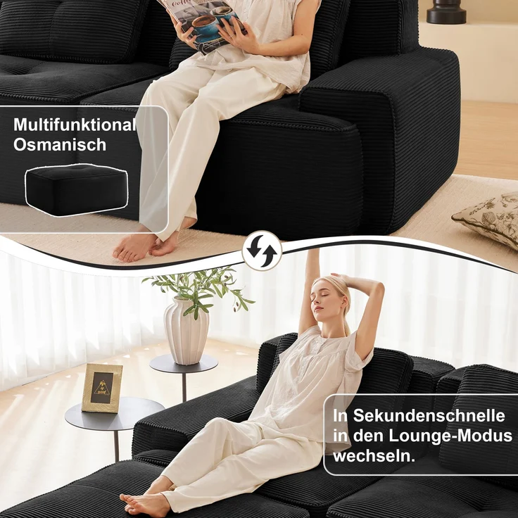 Modulares Sofa aus Cord mit boneless Design, schwarz – Bild 6