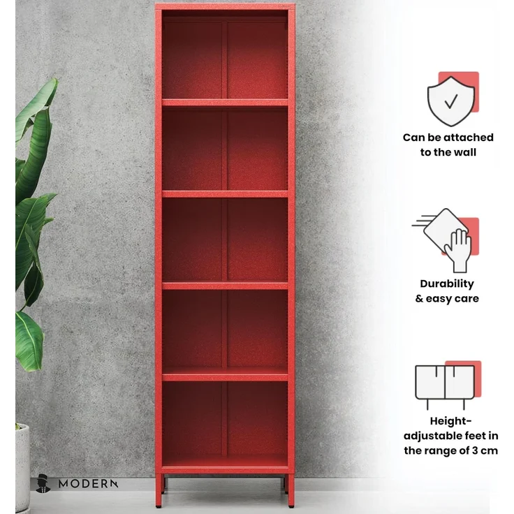 Jan Nowak Bücherregal Metall - Mario | Stabiles Regal Industrial mit 4 höhenverstellbaren Einlegeböden (4x30 kg) und Wandmontage | Hochregal Glitzernd, Regal Schmal | 50 x 180 x 35 cm | Rot – Bild 5