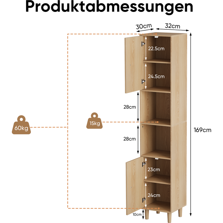 Badezimmer-Hochschrank 32 x 30 x 169 cm in Eichenoptik mit offenen Regalen und Doppeltür – Bild 5