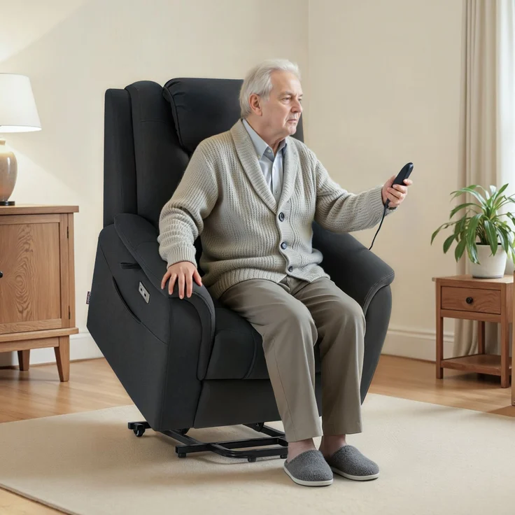 M MCombo Fernsehsessel mit Aufstehhilfe Elektrisch, 2 Rollen für Mobilität, Massage & Heizung, Verstellbare Kopfstütze, Sessel mit Aufstehhilfe 35D Vollschaum-Sitzkissen 7269 (Mikrofaser, Dunkelgrau) – Bild 5