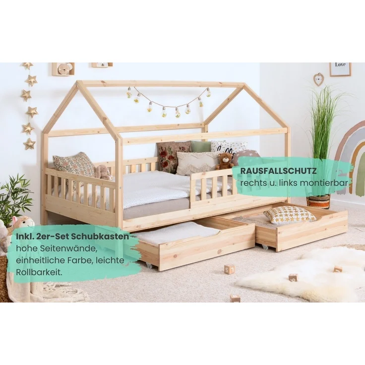 Ticaa Hausbett Kay mit Rausfallschutz und Schubkasten aus Kiefer, Kinderbett 140x200, inkl. Dach, mit Rollrost – Bild 2