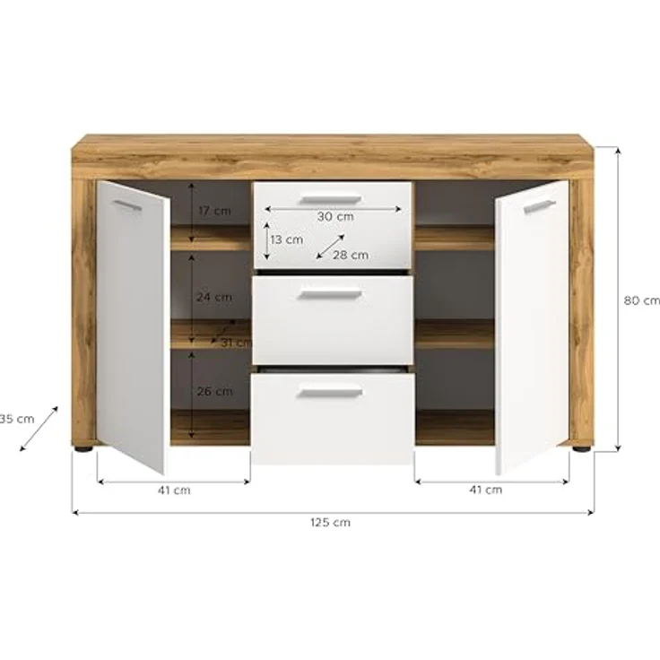 Xonox Sideboard, Weiß, Holzwerkstoff, 125x80x35 cm, 3 Schubkästen, 4 Einlegeböden, FSC®-zertifiziert – Bild 3