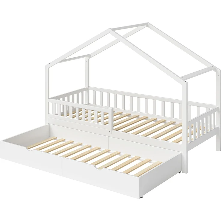 Bellabino 'Vils' Hausbett 90x200 cm mit Gästebett 90x190 cm und 2 Matratzen, weiß, Kiefer Massivholz, Montessori Kinderbett mit Ausziehbett, inkl. Rausfallschutz und Lattenrost – Bild 2