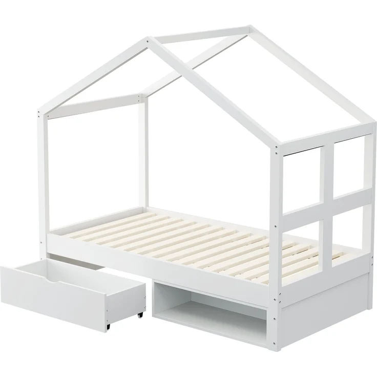 Merax Einzelbett, Jugendbett, Holzbett 90×190 cm, mit Schubladen und kleinem Schuhschrank, mit mehrfarbiger LED-Beleuchtung, Lattenrost, Weiß – Bild 9