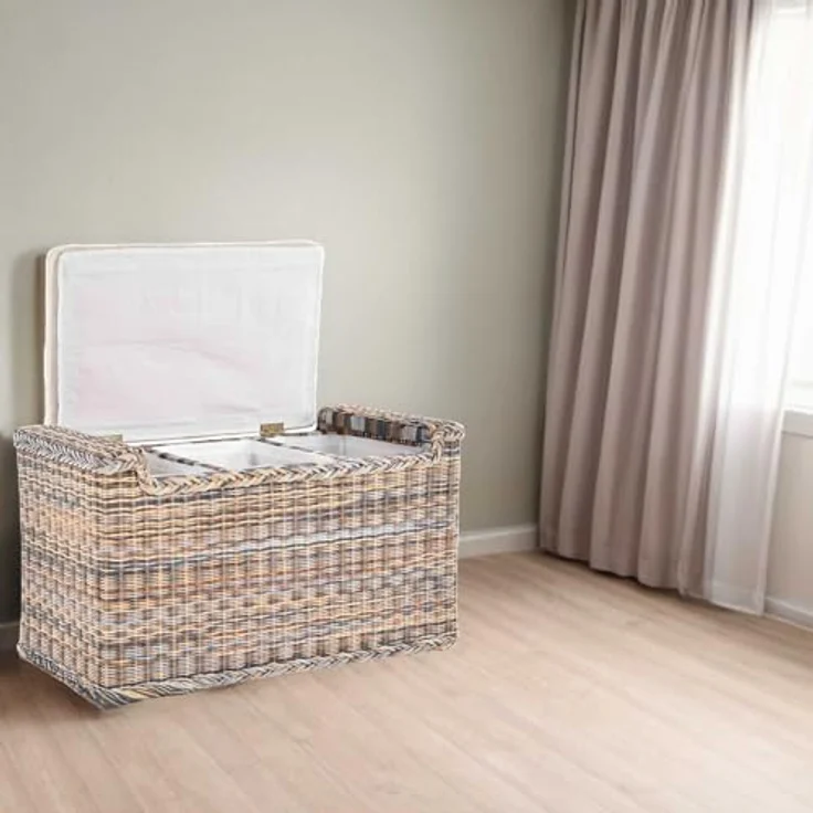 Krines Home Sitztruhe Rattan Wäschetruhe Sitzbank mit Stauraum Wäschesortierer 3 Fächer, mit Deckel – Bild 3