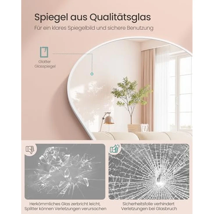SONGMICS Ganzkörperspiegel, 160x50 cm, gewölbter Standspiegel, Rahmen aus Aluminiumlegierung, Hartglas, für Schlafzimmer, Wohnzimmer, Garderobe, mattweiß LFM031WC01 – Bild 3